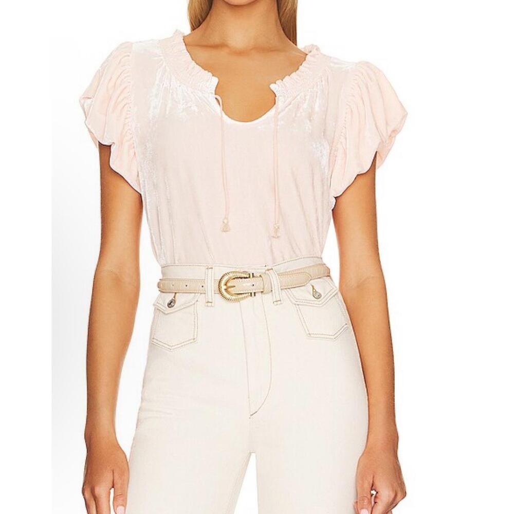 Free People Teresa‎ Velvet XL Light Pink Ruffled Peasant Puff Sleeve Top Boho